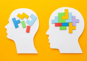 Illustration showing ADHD veiledning vs terapi with a cluttered mind vs an organized mind using colorful puzzle pieces in heads.