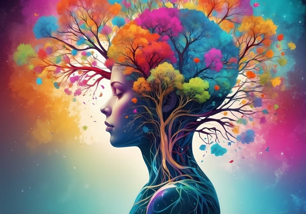 Kunstnerisk bilde som symboliserer Forskjellen mellom psykose, schizofreni og bipolar lidelse med fargerik fantasi og natur.