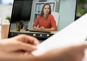 En digital psykiatri-økt på en bærbar skjerm viser en psykiater som snakker, og fremhever tilgjengeligheten til ekstern psykisk helsehjelp.