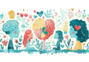 Illustrasjon som viser hvordan kulturell overbevisning former psykisk helse, med mennesker, hjerner og hjerter i et blomstrende miljø.