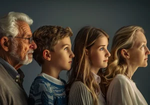 Fire personer fra ulike generasjoner står i profil – illustrasjon som symboliserer søvnforstyrrelser i ulike aldersgrupper gjennom livets stadier.