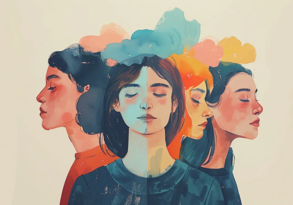 Kunstnerisk illustrasjon som symboliserer stigma og misoppfatninger om psykose gjennom fargerike og delte uttrykk for følelser.