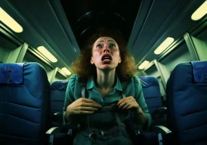 Kvinne med panikk ombord på fly – et sterkt bilde som illustrerer intens frykt for å fly og følelsen av å miste kontrollen under en flyreise.
