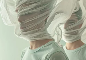 Person pakket inn i flagrende stoff, ansiktet delvis skjult, reflektert i speilet – symboliserer identitetsforvirring ved bipolar eller borderline-forståelsesforskjell.