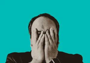 Illustrasjon av stresset mann med hendene i ansiktet – visuelt uttrykk for depresjon – og fysisk aktivitet til helbredelse og mental belastning.