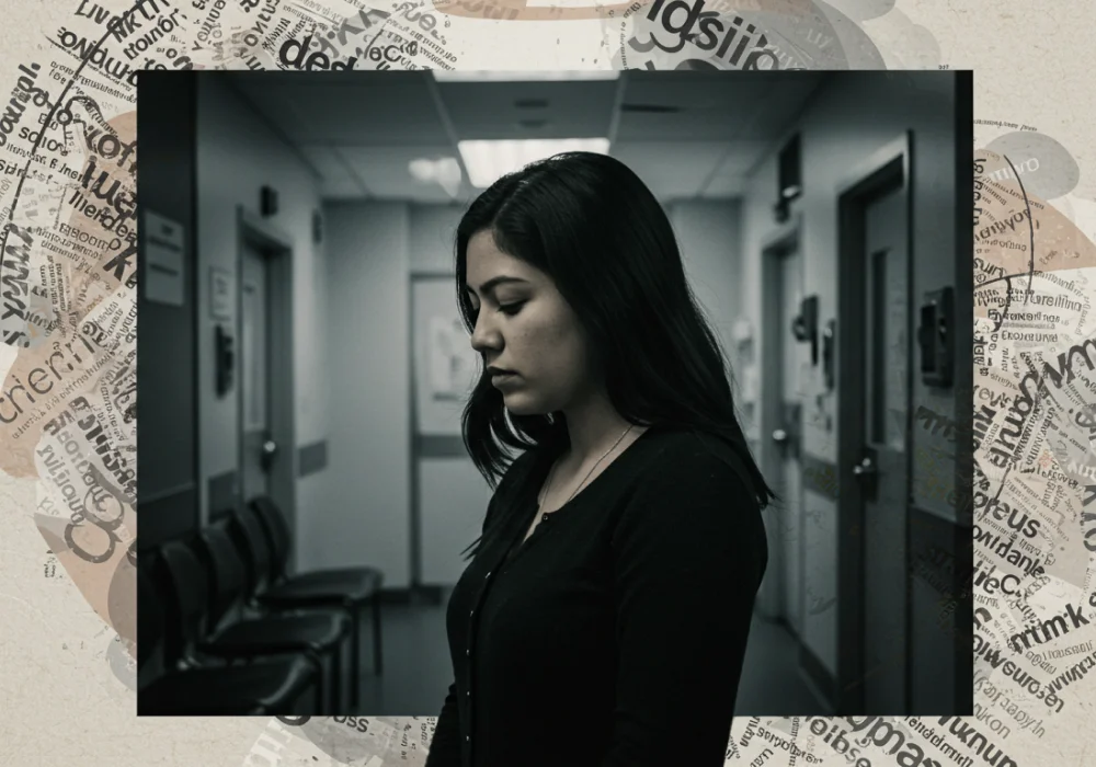 En ung kvinne står alene i en sykehuskorridor og ser ned, som illustrasjon av Minoritetsstress Koblingen mellom Sosialt og Mental helse.