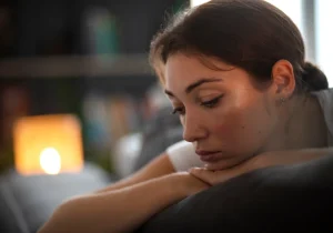 En kvinne med et fjernt blikk som sitter alene i et mørkt rom, illustrerer symptomer på schizoid personlighetsforstyrrelse, som sosial tilbaketrekning.