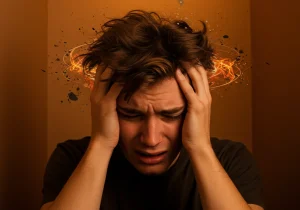 En ung mann holder hodet i hendene og ser ut til å ha det vondt, med visuelle effekter rundt hodet som symboliserer Stress og psykiske lidelser.