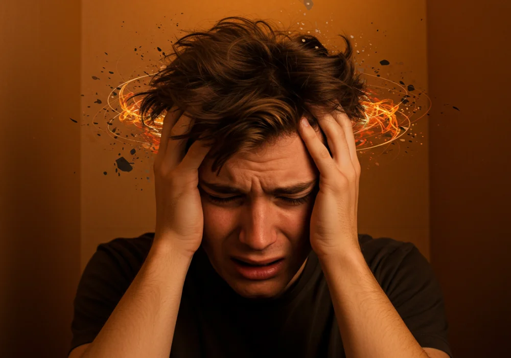 En ung mann holder hodet i hendene og ser ut til å ha det vondt, med visuelle effekter rundt hodet som symboliserer Stress og psykiske lidelser.