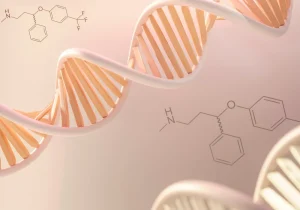 Alt text: DNA-struktur og kjemiske formler illustrerer sammenhengen mellom ADHD og hormoner hos kvinner i et vitenskapelig og medisinsk perspektiv.