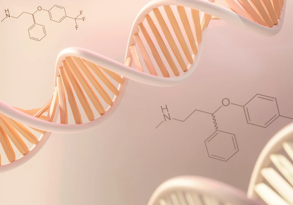 Alt text: DNA-struktur og kjemiske formler illustrerer sammenhengen mellom ADHD og hormoner hos kvinner i et vitenskapelig og medisinsk perspektiv.