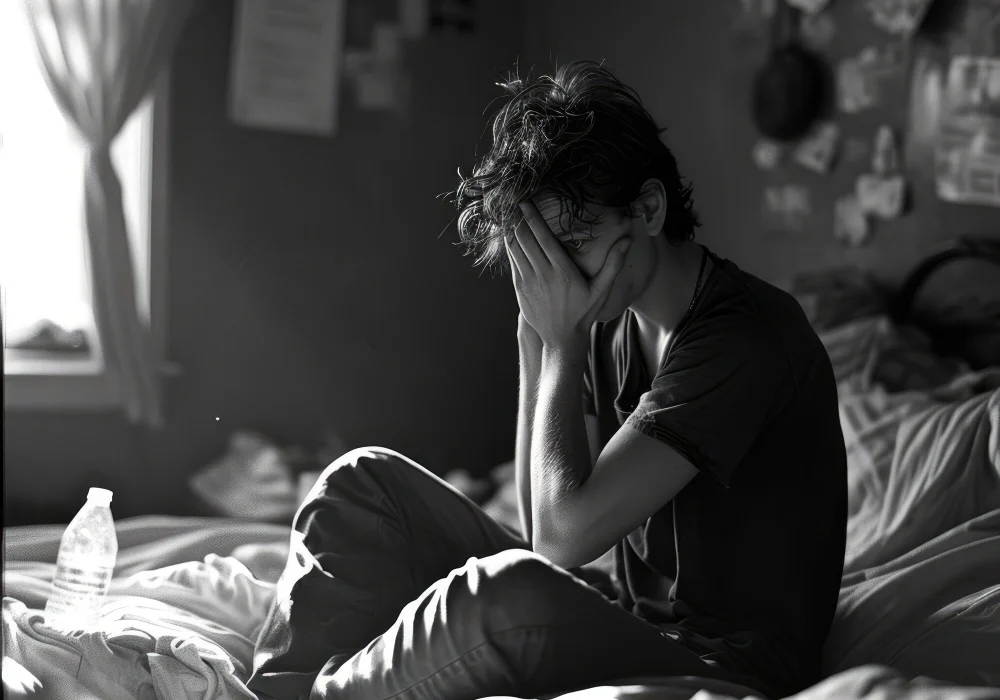Ung mann sitter alene på sengen med hendene over ansiktet, et visuelt uttrykk for følelsesmessig smerte – forsta-depressive-lidelser.