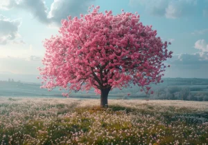 A vakker rosa blomstrende tre i åpent landskap under blå himmel – et symbol på håp og fornyelse for de med sesongavhengig-affektiv-lidelse.