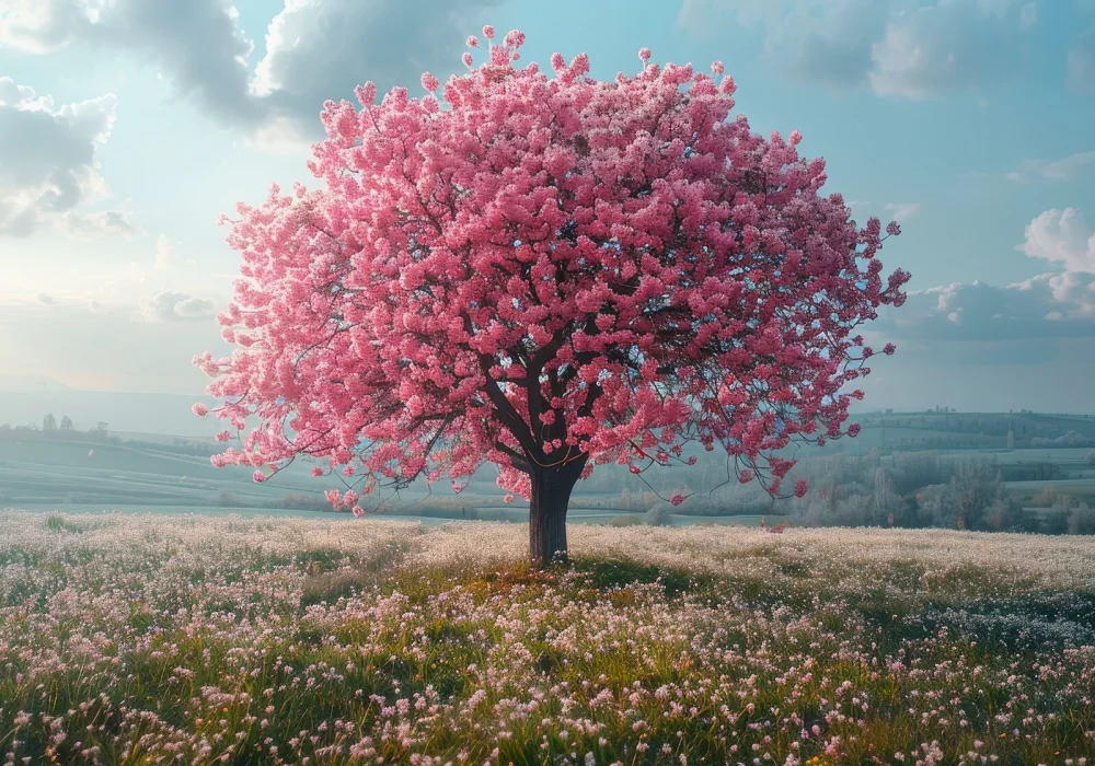 A vakker rosa blomstrende tre i åpent landskap under blå himmel – et symbol på håp og fornyelse for de med sesongavhengig-affektiv-lidelse.